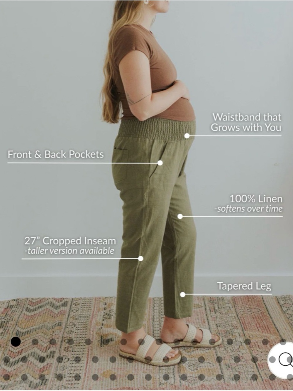 Emme Smocked Linen Maternity pants Olive Green